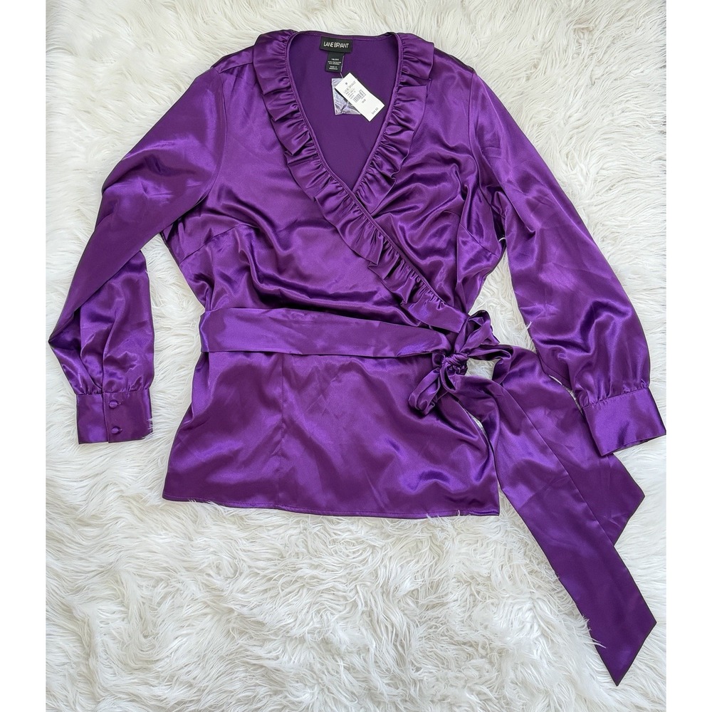 Vintage Y2K Lane Bryant Purple Satin Wrap Blouse 18/20 Ruffle Tie Waist NWT